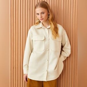 NWT STOOSH Vegan Leather Shacket Shirt Jacket Long Sleeve Top in Cream Tan